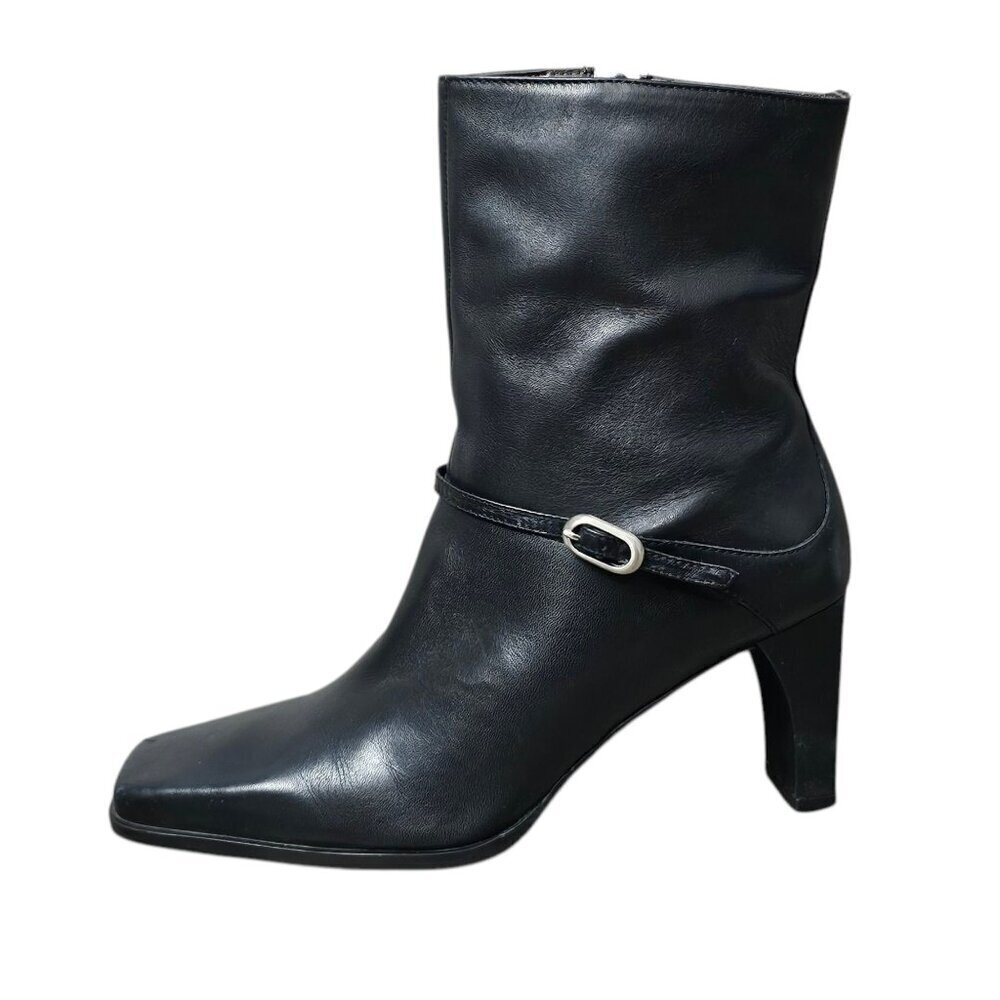Markon Frannie Leather Buckle Square Toe Black Zip Up Heel Boot